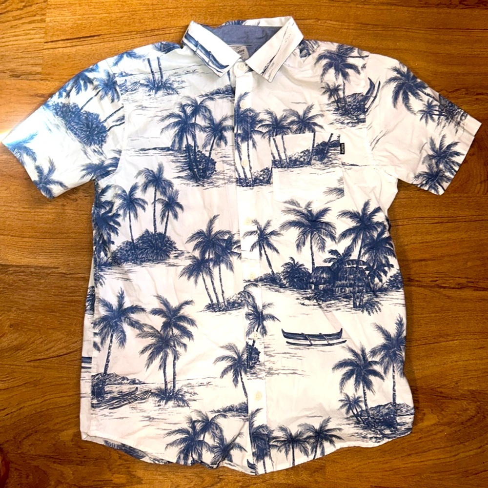 Hurley Men’s button down shirt white with blue palm trees; small